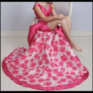 Fuchsia Pink Floral Prom Dress with Satin Bodice and Embellished Waist